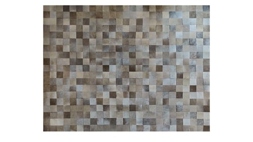 Custom and Oversized Patchwork Hide Rug in Neutral Colors for Mountain Cabin Interior Design