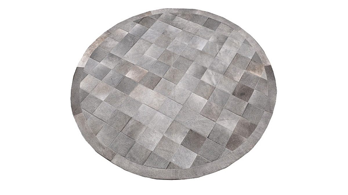 Round Cowhide Rug - Grey Square Tiles - R2