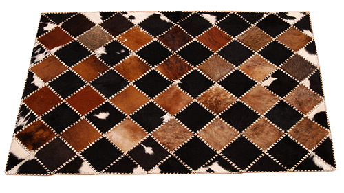 Diagonal Checkerboard Tiento design - Black, Brown & White Hide Rug - MD4