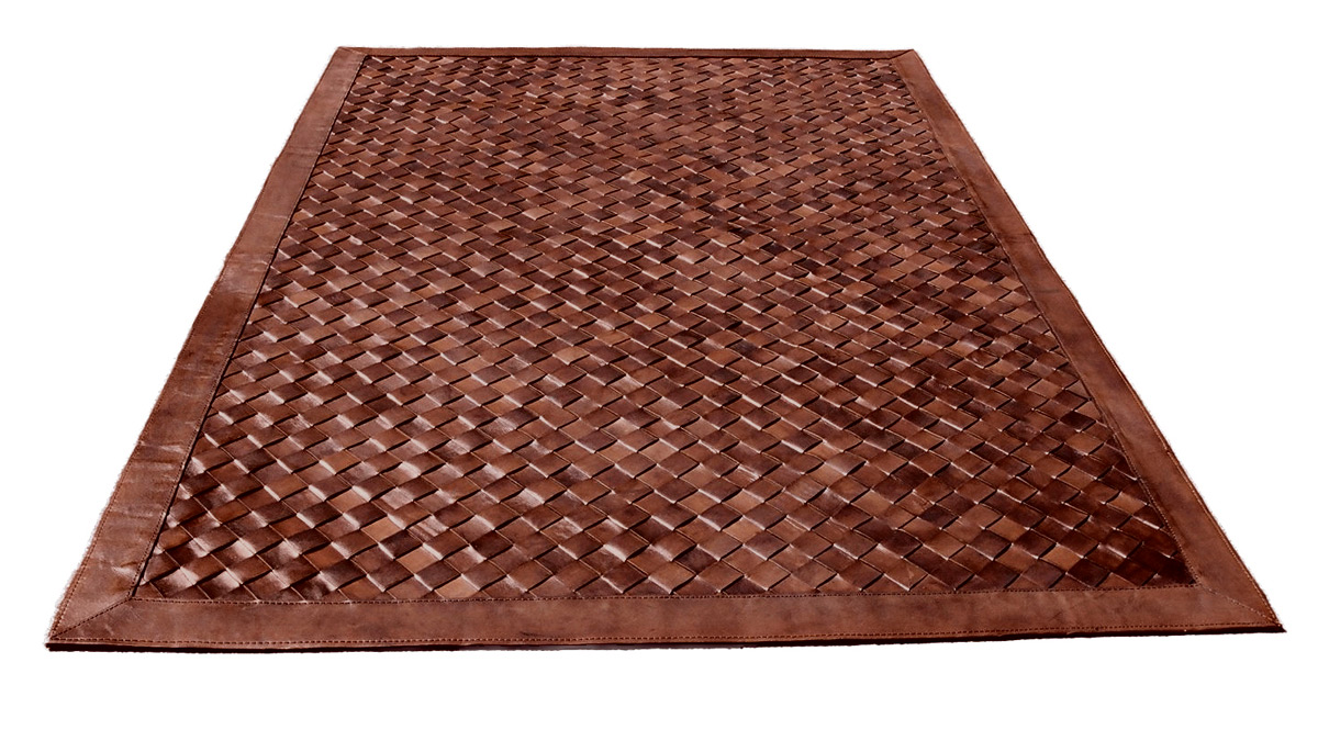 Woven Leather Rug - Diagonal Light Brown / Basket Weave Leather Rug - Diagonal Light Brown - WL11