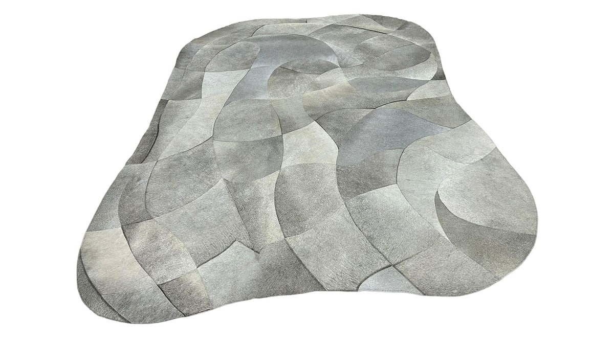 Custom Irregular Shaped Patchwork Cowhide Rug in Large curved Patches in Natural Mix Grey Tones