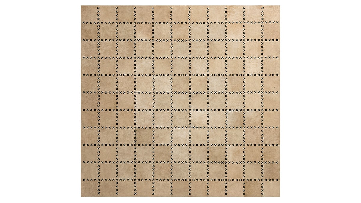 Light Beige Tiento Cowhide Patchwork Rug with Tiento finishes