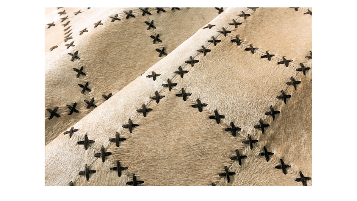Light Beige Tiento Cowhide Patchwork Rug with Tiento Leather finishes